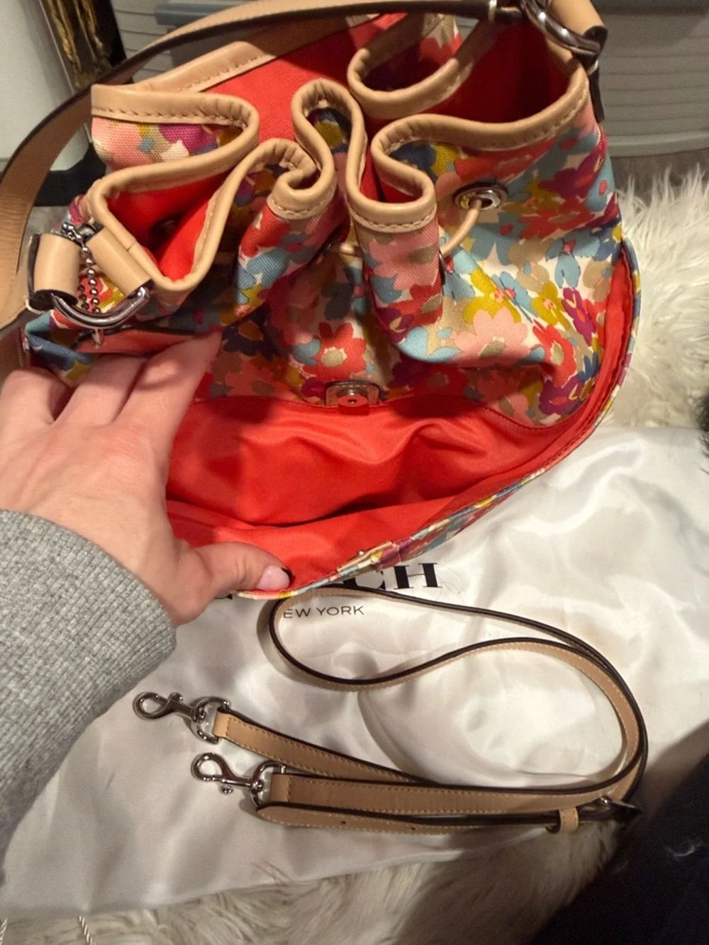 Coach Floral Drawstring Bucket Bag - Pink, Red, Blue, Yellow, Cream - Picture 6 of 15